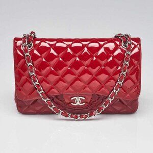 Chanel Red Quilted Patent Leather Classic Jumbo Double Flap Bag